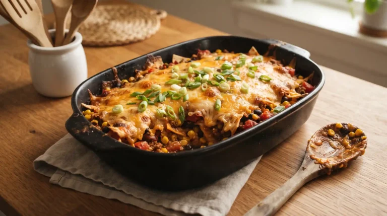 Cheesy taco casserole fresh out of the oven in a white baking dish, golden melted cheddar on top with bubbling edges