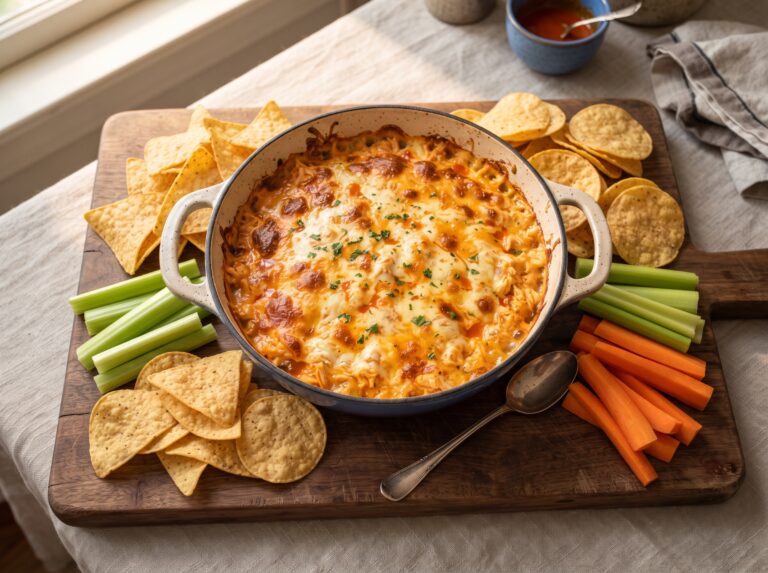 Freshly baked buffalo chicken dip in a white baking dish with golden cheese topping, surrounded by tortilla chips and vegetable dippers on a wooden board.