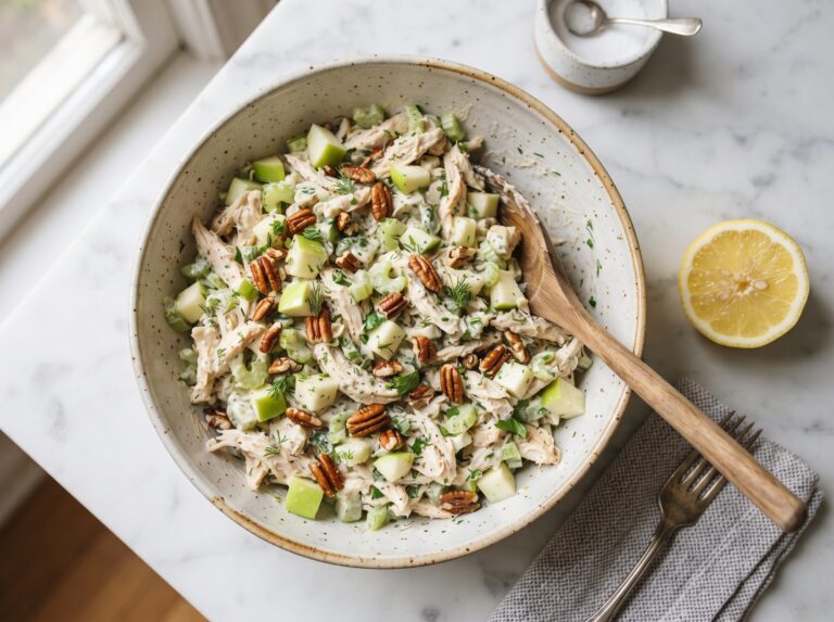 Overhead view of creamy chicken salad with apple and pecans in a white ceramic bowl, served with a wooden spoon on a marble surface
