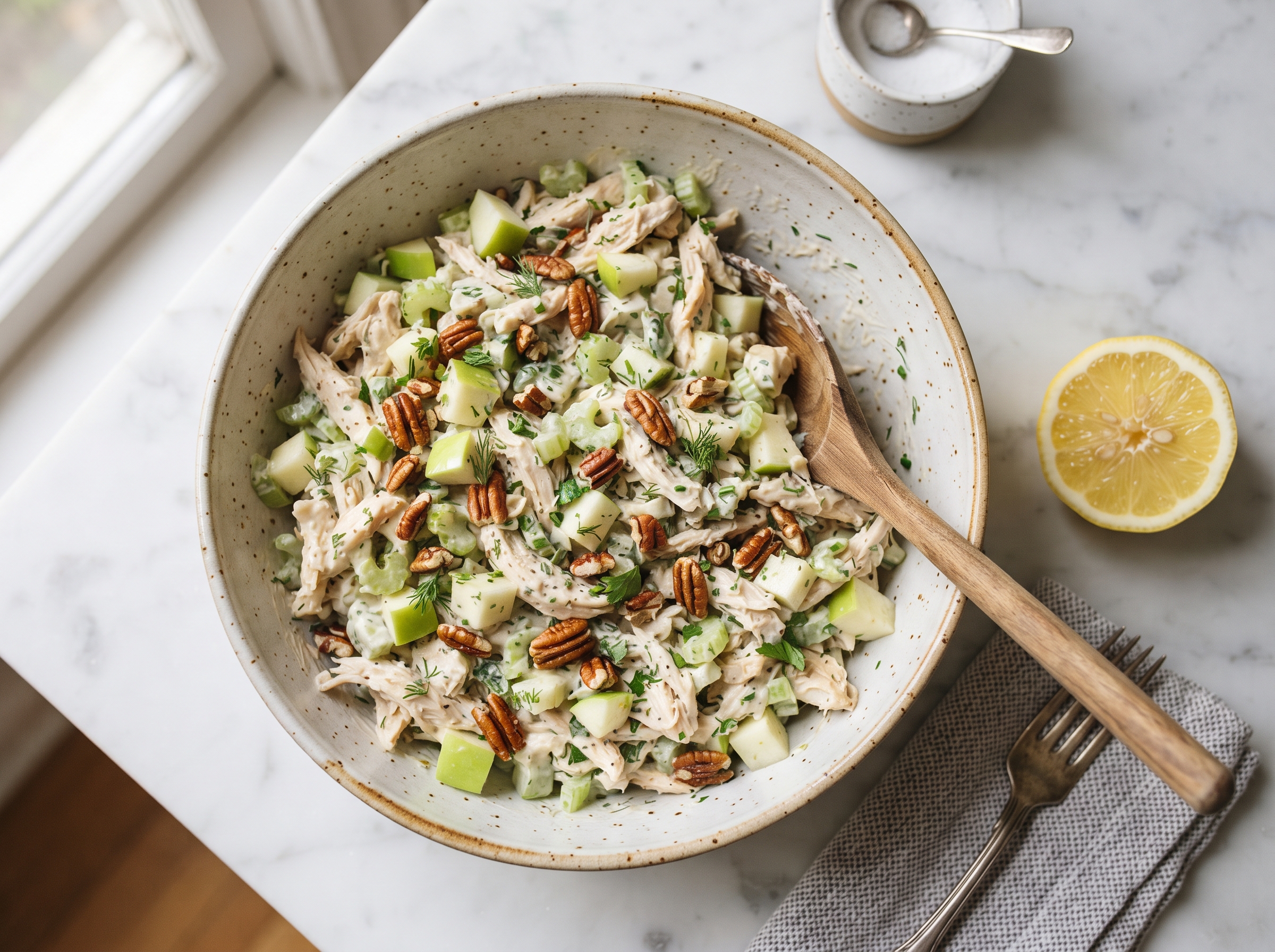 Overhead view of creamy chicken salad with apple and pecans in a white ceramic bowl, served with a wooden spoon on a marble surface