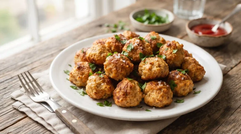 Plate of juicy baked chicken meatballs garnished with fresh parsley