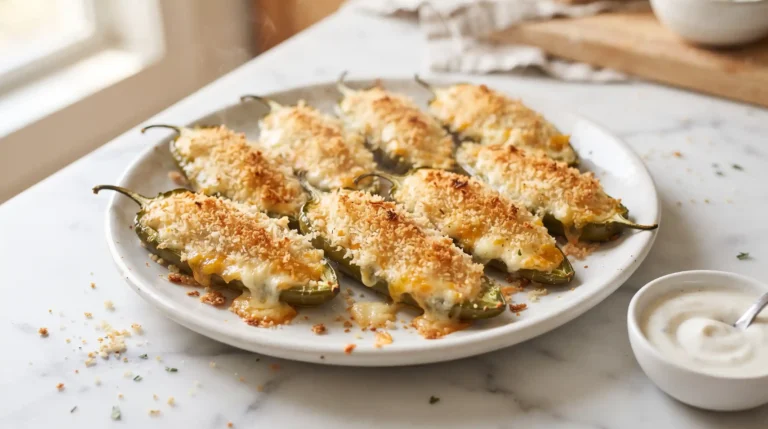 Crispy baked jalapeno poppers on a white platter with golden breadcrumb topping and bubbling cheese filling, served with a small bowl of yogurt dipping sauce