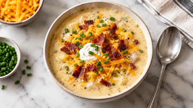 A bowl of creamy baked potato soup topped with shredded cheddar cheese, sour cream, crispy beef bacon bits, and sliced chives, shot from above on a dark wood surface
