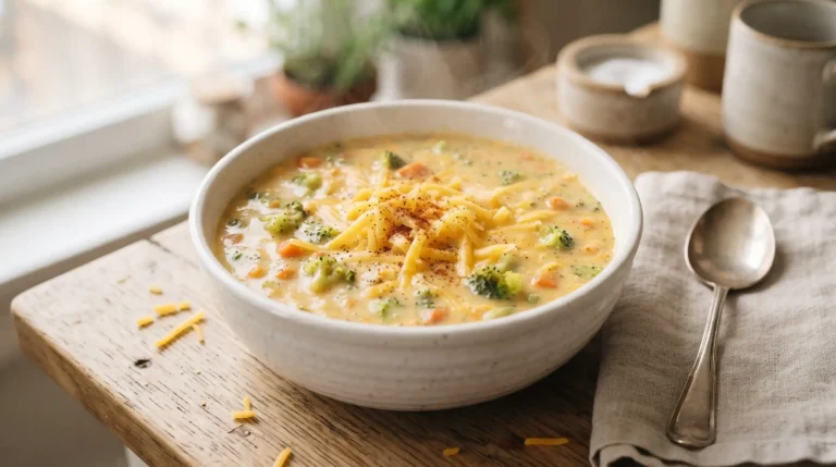 Overhead view of creamy broccoli cheddar soup in a white bowl, garnished with shredded cheddar and smoked paprika