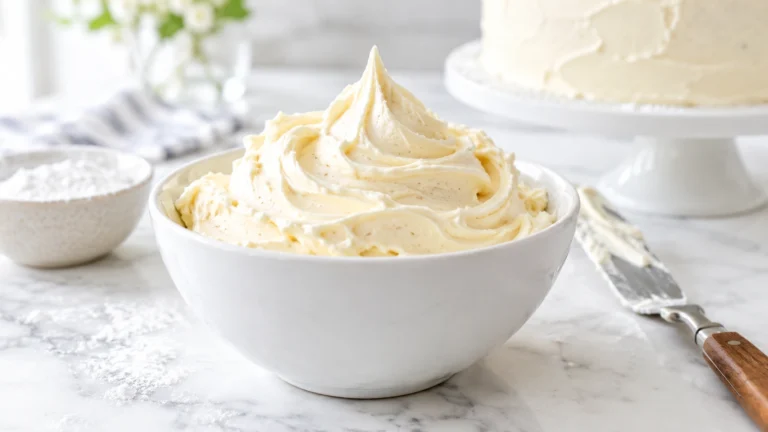 Bowl of homemade vanilla buttercream frosting with a spatula, ready to frost a cake