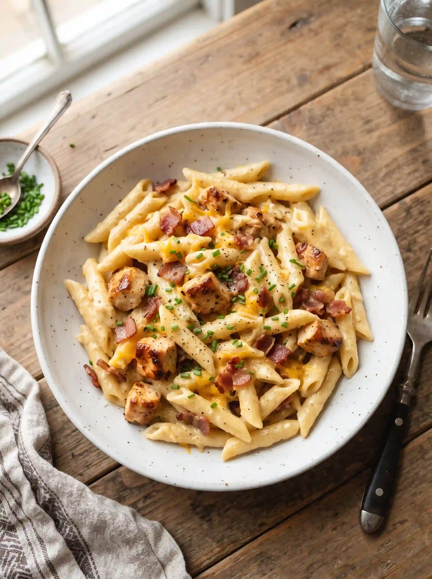 Creamy chicken bacon ranch pasta in a white bowl topped with melted cheddar and fresh chives, ready to serve