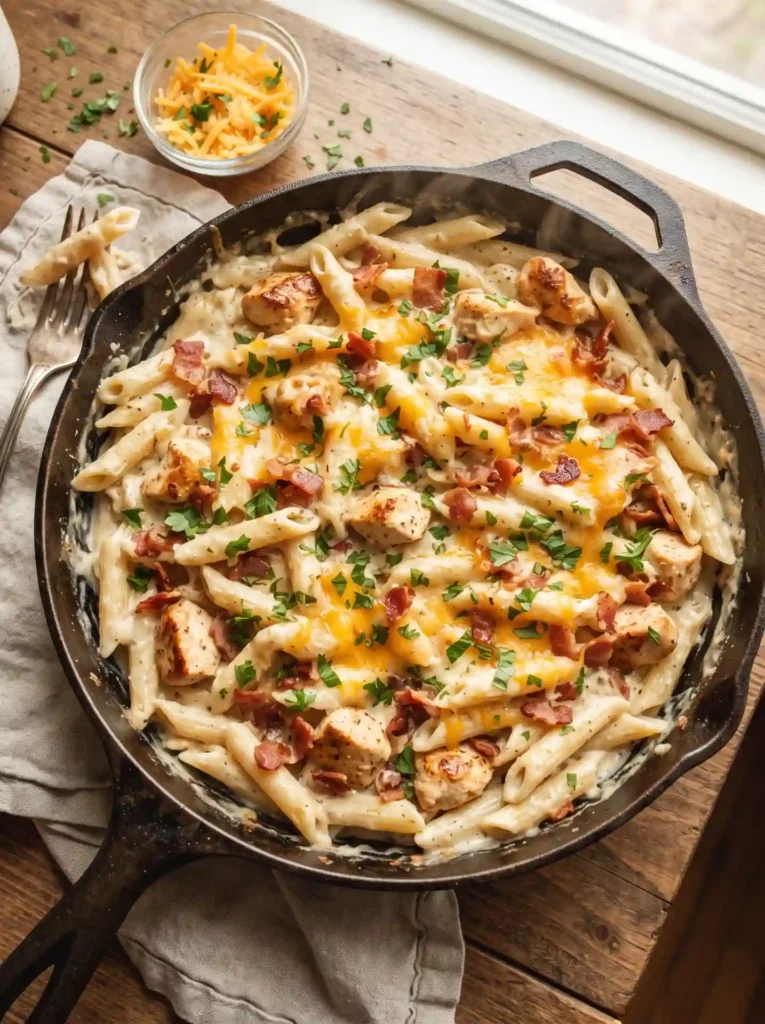 Finished chicken bacon ranch pasta in a skillet garnished with parsley and cheddar, ready to serve.