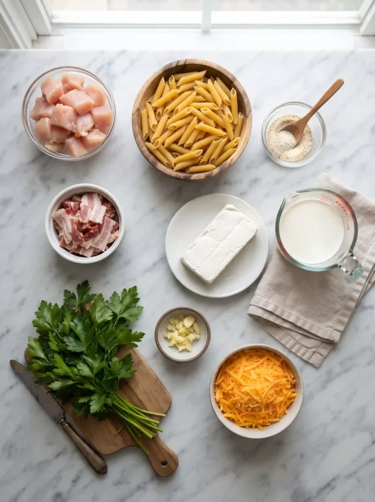 All the ingredients for chicken bacon ranch pasta laid out on a marble surface before cooking.