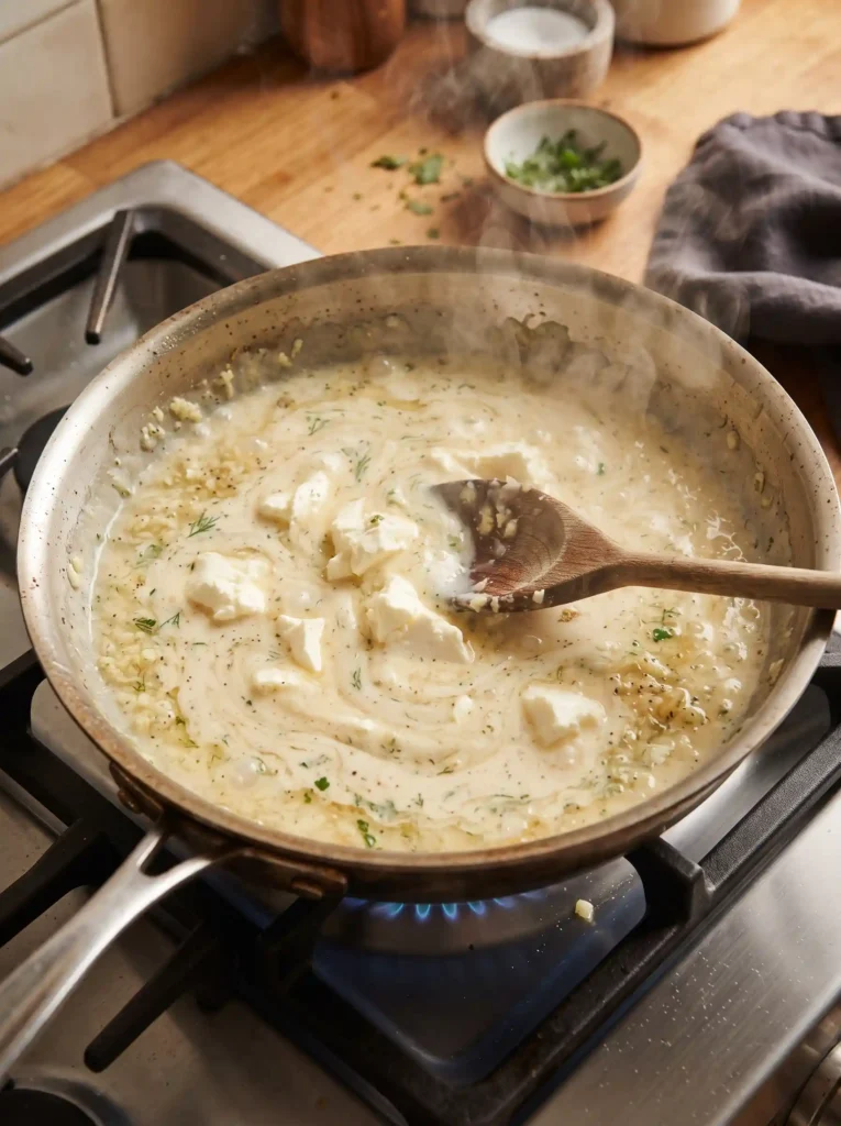 Creamy ranch sauce forming in a pan as cream cheese melts into stock and heavy cream