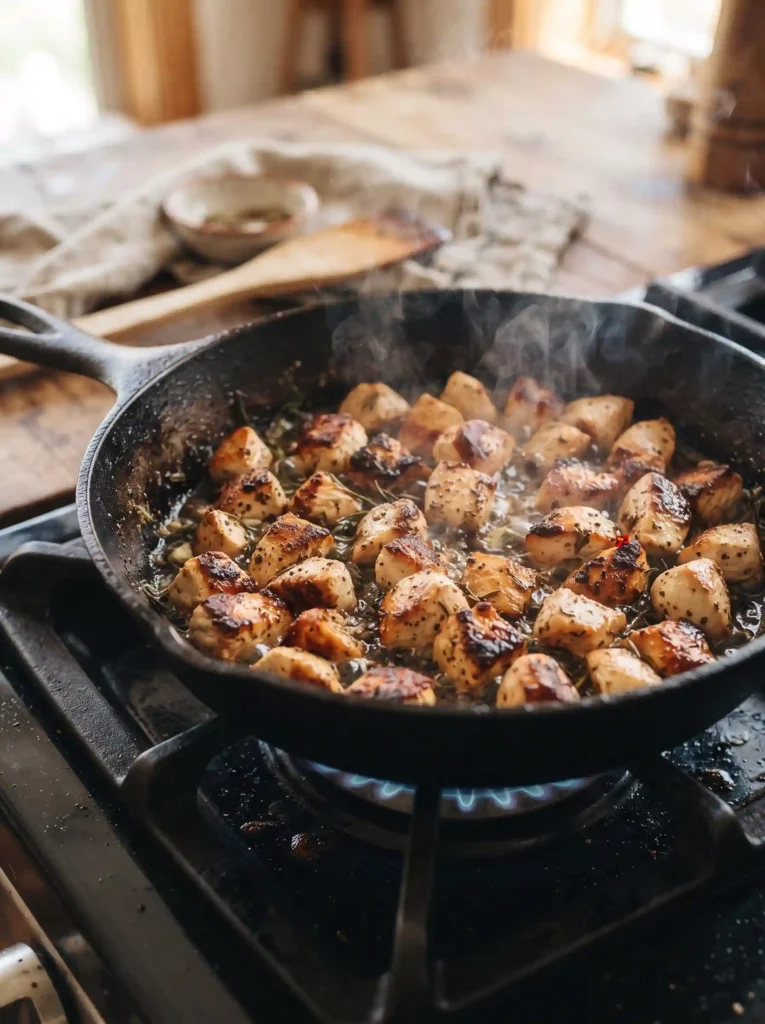 Cubed chicken breast searing in a skillet until golden brown for chicken bacon ranch pasta