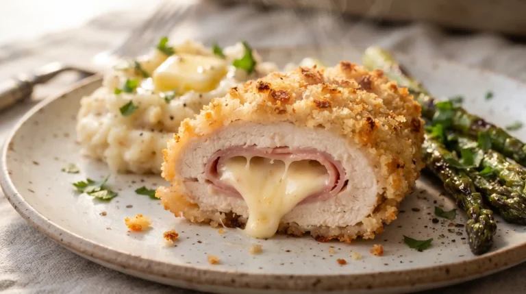 Sliced baked chicken cordon bleu showing melted Swiss cheese and turkey ham filling inside a golden panko crust