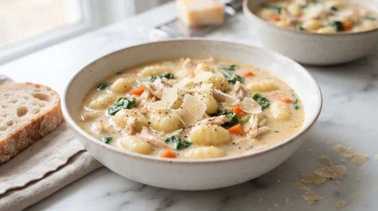 Creamy chicken gnocchi soup in a white bowl, topped with grated Parmesan and fresh cracked pepper, served with a slice of crusty bread