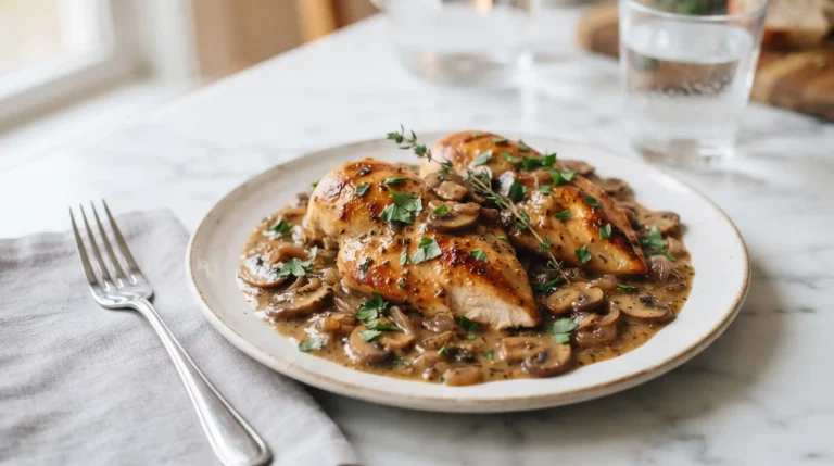 Chicken marsala recipe served in a skillet with creamy mushroom sauce and fresh parsley garnish