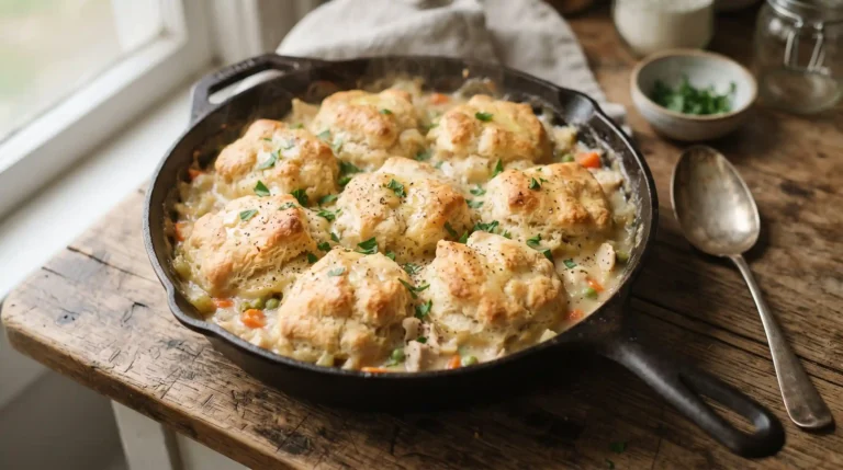 Chicken pot pie casserole in a baking dish with golden biscuit topping fresh from the oven