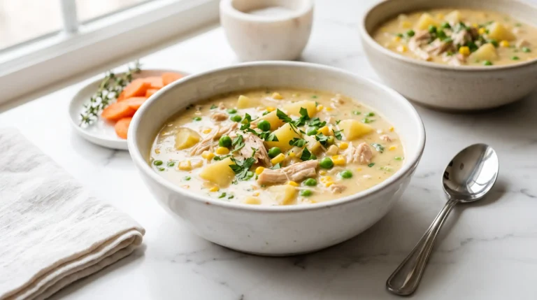 A bowl of creamy chicken pot pie soup with shredded chicken, potatoes, peas, and corn, garnished with fresh parsley.