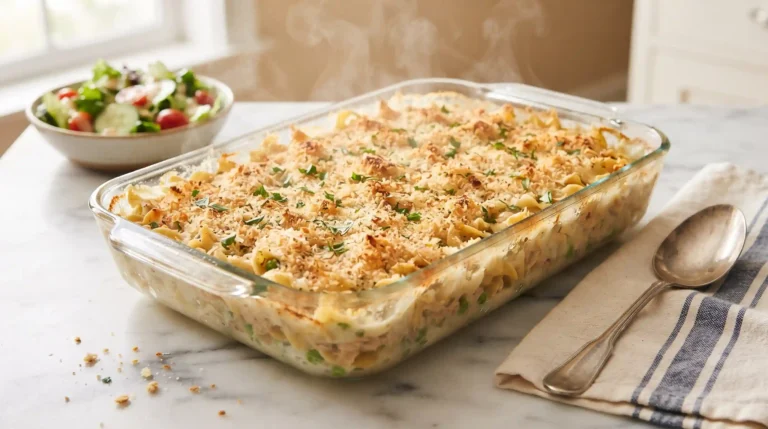 A creamy tuna noodle casserole with a golden breadcrumb crust in a white baking dish, ready to serve