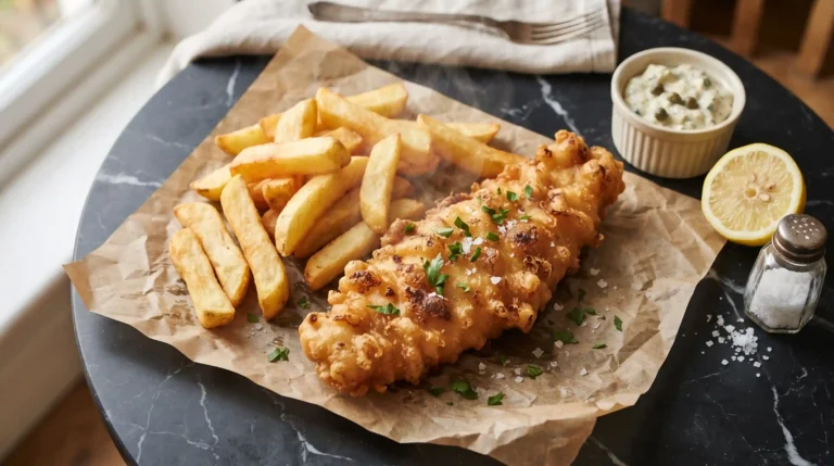 Crispy battered cod with thick golden chips, tartar sauce, and lemon wedges on parchment paper.