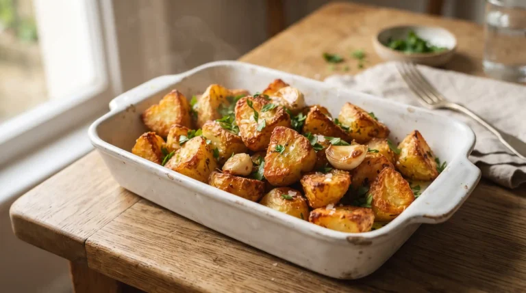 Crispy golden roasted potatoes in a white serving dish garnished with fresh parsley and flaky salt