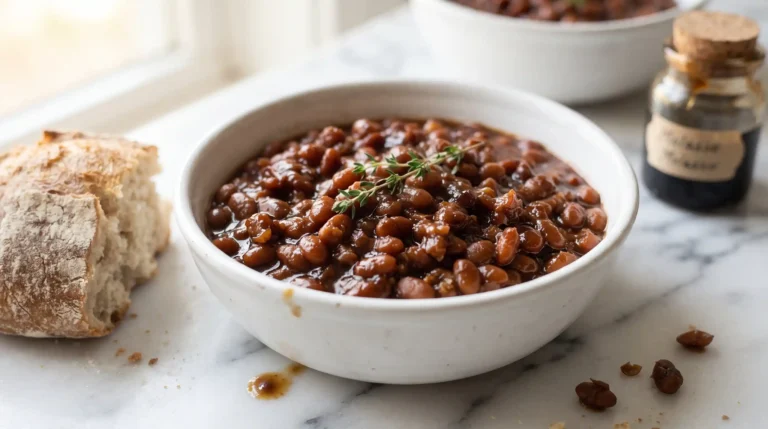 Homemade baked beans recipe in a white bowl with thick molasses sauce and crusty bread on a wooden table