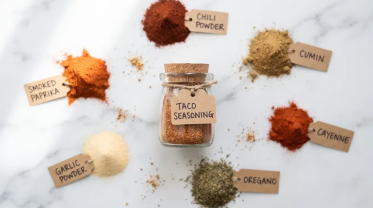 Overhead view of homemade taco seasoning in a glass jar surrounded by individual spices on a wooden surface