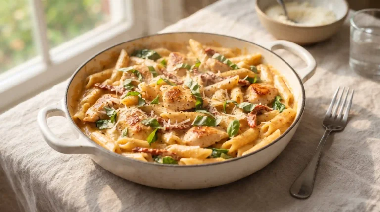 Marry me chicken pasta in a white skillet with penne, seared chicken, sun-dried tomatoes, and fresh basil in a Parmesan cream sauce