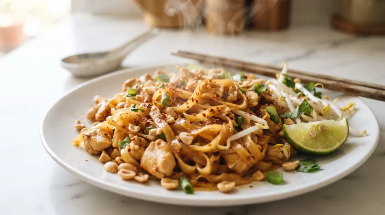 Homemade pad thai recipe on a white plate with chicken, bean sprouts, crushed peanuts, and a lime wedge.
