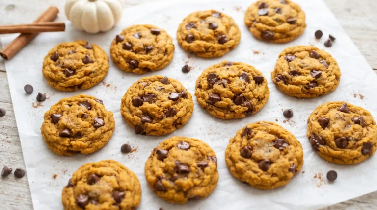 Soft pumpkin chocolate chip cookies with melted chocolate chips on parchment paper, overhead view