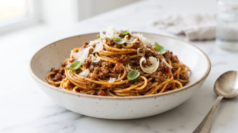 Overhead view of spaghetti bolognese in a ceramic bowl, topped with grated Parmesan and fresh basil