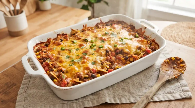 Cheesy taco casserole fresh out of the oven in a white baking dish, golden melted cheddar on top with bubbling edges