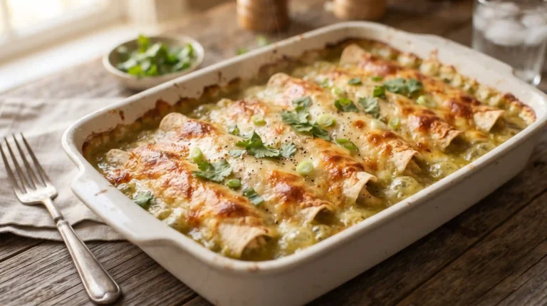 White chicken enchiladas with green chile cream sauce, fresh from the oven in a ceramic baking dish, topped with melted Monterey Jack cheese and cilantro