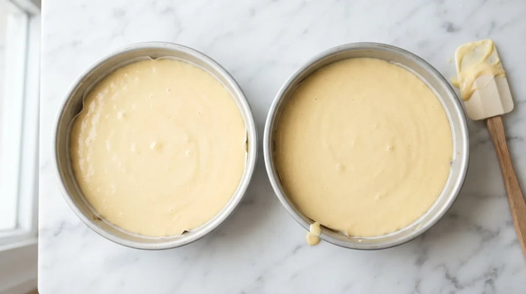 Yellow cake batter divided evenly into two 9-inch round cake pans ready for the oven