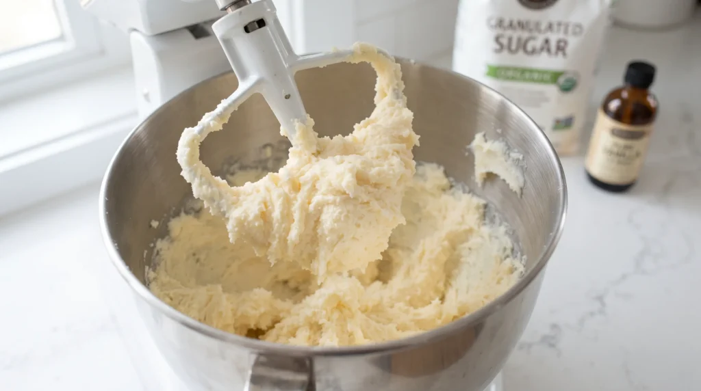 Pale fluffy butter and sugar creamed together in a stand mixer bowl for yellow cake