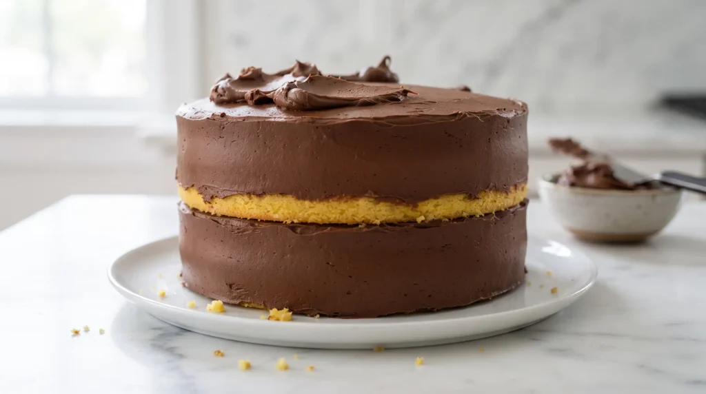 Two-layer yellow birthday cake fully frosted with chocolate buttercream, side view showing even layers