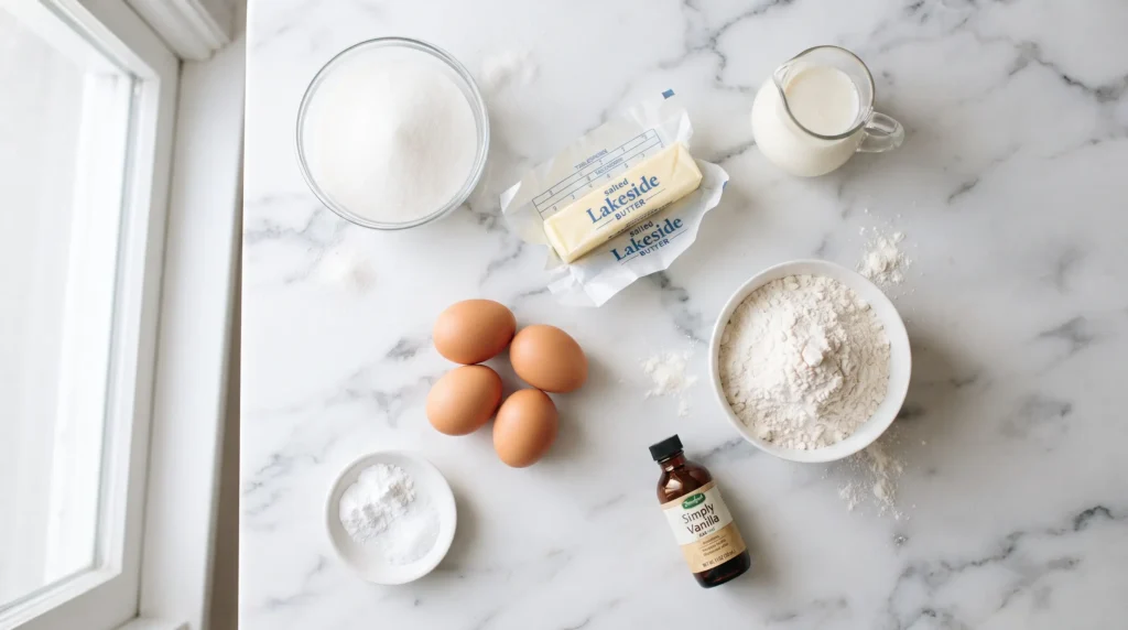 Yellow cake ingredients laid out overhead, including butter, eggs, buttermilk, flour, and sugar